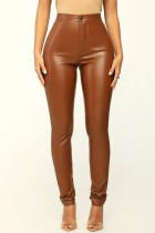 Color caramelo Casual Bolsillo sólido Flaco Cintura alta Pantalones de color sólido convencionales