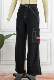 Schwarze, lässige, solide Patchwork-Jeans mit hoher Taille