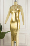 ゴールド セクシー ソリッド バックレス スリット スパゲッティ ストラップ ノースリーブ ドレス ドレス