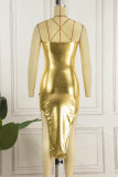 Золотое сексуальное однотонное платье без рукавов с вырезом на спине и бретельками без рукавов Платья