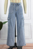 Light Blue Casual Solid Patchwork Straight Denim Jeans