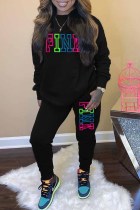 Black Casual Print Letter O Neck Long Sleeve Two Pieces Tracksuits Sets Sweat Suit