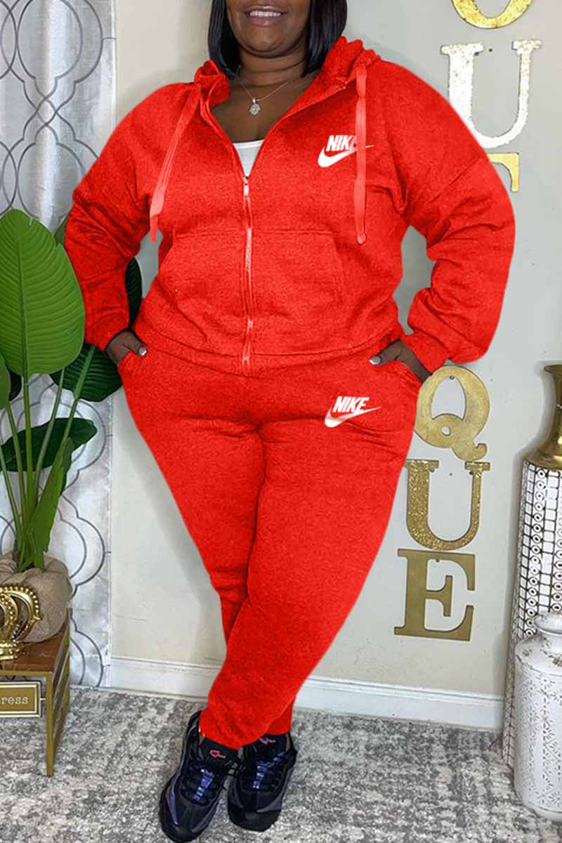 

Red Casual Letter Embroidered Hooded Collar Long Sleeve Two Pieces