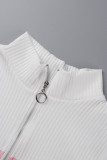 Weiße, lässige, gestreifte Patchwork-Kleider mit Reißverschlusskragen und langen Ärmeln