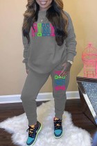 Grey Casual Print Letter O Neck Long Sleeve Two Pieces Tracksuits Sets Sweat Suit