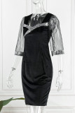 Vestidos casuais sensuais pretos de patchwork sólido transparentes com decote em V