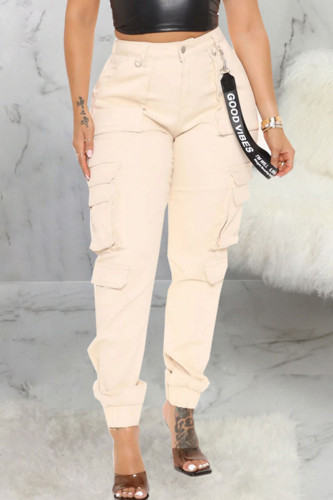 Apricot Casual Street Print Pocket High Waist Pencil Cargo Pants