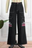 Черные повседневные джинсы прямого кроя с принтом в стиле пэчворк