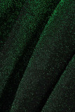 Grüner, sexy, fester Patchwork-Overall mit V-Ausschnitt und Stiefelschnitt