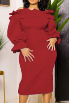 Rojo elegante sólido patchwork volante fuera del hombro falda de un paso vestidos