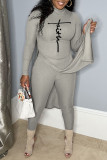 Grey Casual Print Patchwork Slit Half A Turtleneck Long Sleeve Two Pieces