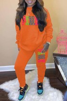 Orange Casual Print Letter O Neck Long Sleeve Two Pieces Tracksuits Sets Sweat Suit