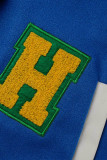 Blauwe casual letter patchwork contrasterende bovenkleding met omgeslagen kraag