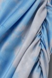 Blauwe Casual Print Tie Dye Trekkoord Frenulum Fold O Neck Plus Size Two Pieces