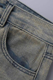 Jeans de mezclilla rectos de cintura baja de patchwork con estampado vintage casual amarillo
