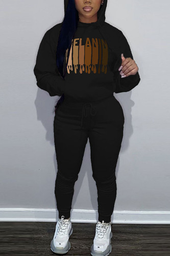 Black Casual Graphics Print O Neck Hooded Collar Long Sleeve Sweatshirt And Draw String Pants Two Pieces Jogger Sets