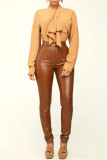 Caramelkleur Casual Solid Pocket Skinny High Waist Conventionele Solid Color Bottoms