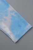 Blu Casual Stampa Tie Dye Draw String Frenulum Fold O Neck Plus Size Due pezzi