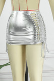 Zilveren sexy casual effen uitgeholde skinny mid waist rok