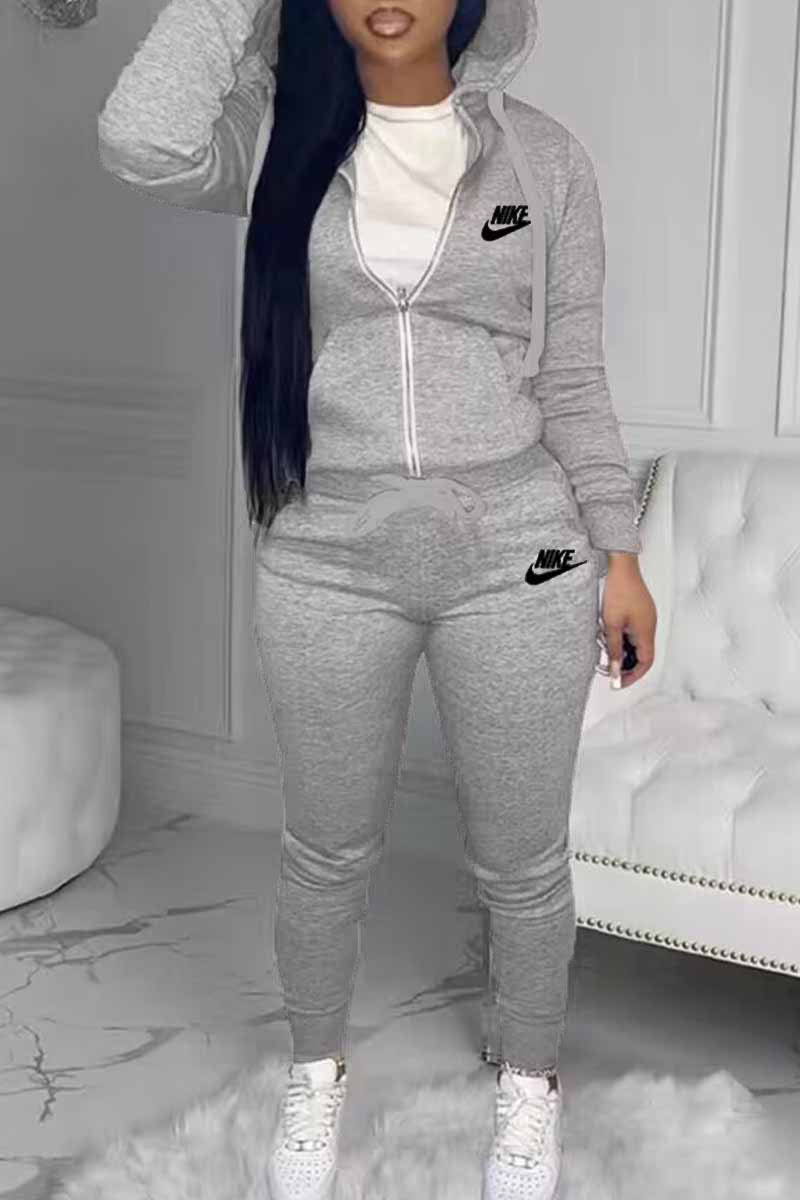 

Grey Casual Print Letter Hooded Collar Long Sleeve Two Pieces