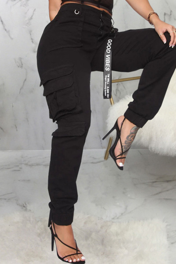 Pantaloni neri patchwork a matita a vita alta con tasca patchwork stampa street casual nera