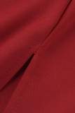 Rozerode elegante effen patchwork volant uit de schouder eenstaps rokjurken