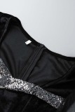 Vestidos de cuello en V transparentes de patchwork sólido casual sexy negro