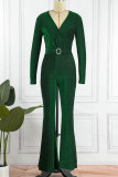 Green Sexy Solid Patchwork V Neck Boot Cut Jumpsuits