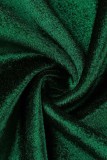 グリーン カジュアル ソリッド パッチワーク シースルー Oネック 長袖 ドレス