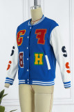 Blue Casual Letter Patchwork Contrast Turn-back Collar Outerwear