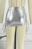 Zilveren sexy casual effen uitgeholde skinny mid waist rok