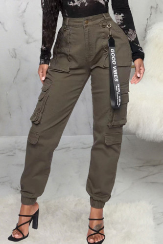 Army Green Casual Street Print Pocket High Waist Pencil Cargo Pants