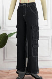 Schwarze, lässige, solide Patchwork-Jeans mit hoher Taille und geradem Schnitt