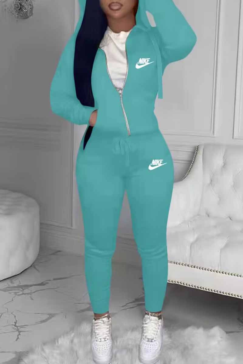 

Baby Blue Casual Print Letter Hooded Collar Long Sleeve Two Pieces