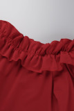 Rose Red Elegant Solid Patchwork Volant Off-the-Shoulder One Step Rock Kleider