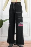 Черные повседневные джинсы прямого кроя с принтом в стиле пэчворк