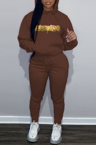 Brown Casual Letter Print O Neck Hooded Collar Long Sleeve Sweatshirt And Draw String Pants Two Pieces Jogger Sets