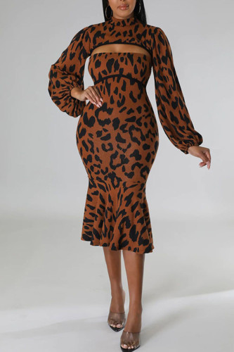 Brown Sexy Print Patchwork Flounce Half A Turtleneck Long Sleeve Two Pieces