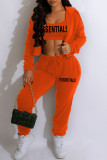 Orange Casual Letter Print Basic O Neck Long Sleeve Three Pieces