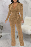 Gold Sexy Solid Bandage Patchwork V-Ausschnitt Straight Jumpsuits