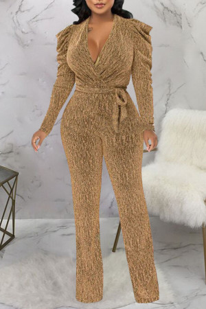 Gold Sexy Solid Bandage Patchwork V Neck Straight Jumpsuits