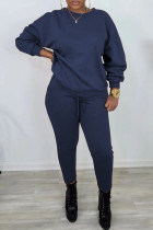 Navy Blue Casual Solid Patchwork Basic O Neck Long Sleeve Two Pieces