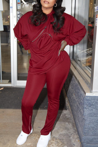 Red Casual Solid Patchwork O Neck Long Sleeve Two Pieces