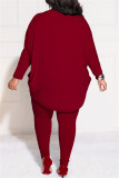 Burgundy Casual Solid Cardigan Pants Cardigan Collar Plus Size Two Pieces