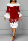 Красно-белые элегантные лоскутные перья с принтом с открытыми плечами Платья с юбкой на один шаг