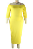 geel casual effen patchwork zonder riem off-shoulder eenstaps rok grote maten jurken (zonder riem)