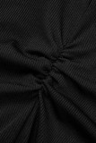 ブラック カジュアル ソリッド フォールド ジッパー カラー スキニー ジャンプスーツ