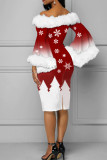 Bianco rosso elegante stampa patchwork piume al largo della spalla abiti gonna un passo