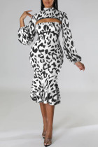 White Sexy Print Patchwork Flounce Half A Turtleneck Long Sleeve Two Pieces
