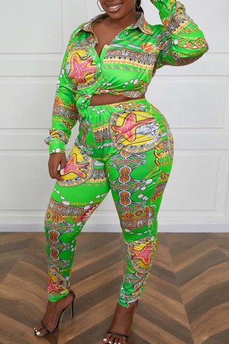Green Casual Print Basic Turndown Collar Plus Size Two Pieces